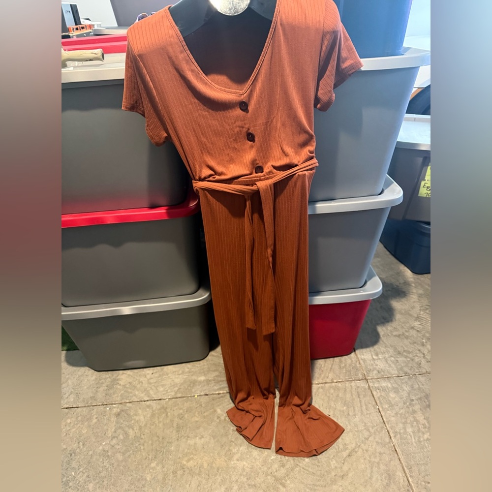Derek Heart Rust Brown Ribbed Short Sleeve Jumpsuit with Tie Waist